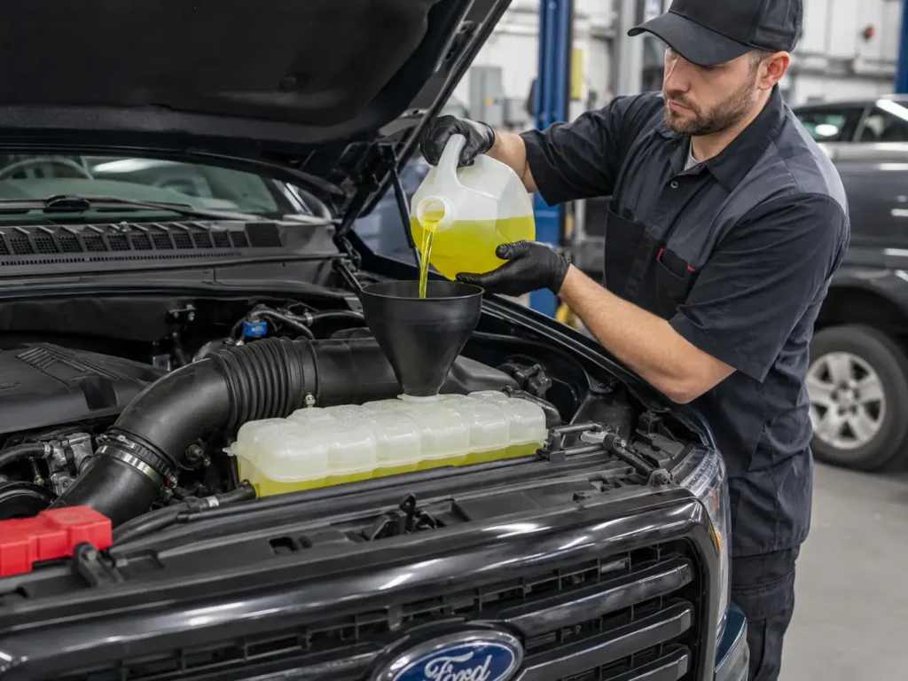 Automotive technician pouring yellow coolant into a Ford F-150 coolant reservoir using a spill-free funnel