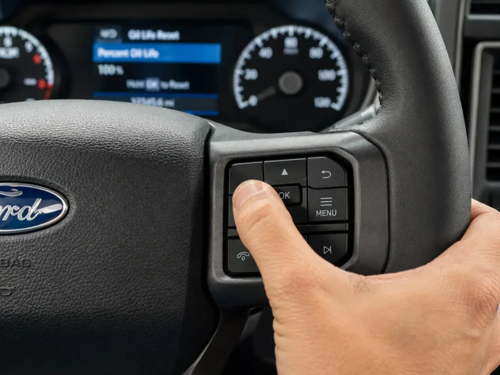 How to Reset Ford Oil Life Monitor: Model and Year in 2026 3 Pressing Ford steering wheel buttons to reset the oil life monitor.