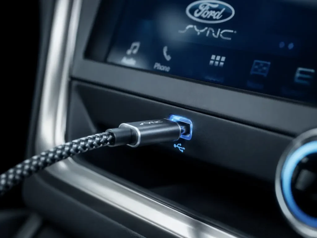 How to Enable Ford SYNC Android Auto: 2026 Complete Guide 3 Macro close-up of a braided USB-C cable plugged into a glowing car USB port, with the Ford SYNC screen softly blurred in the background.