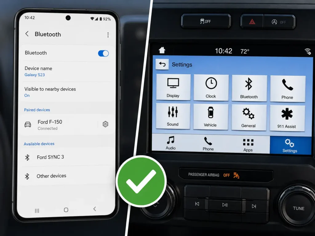 How to Enable Ford SYNC Android Auto: 2026 Complete Guide 5 Split-screen image showing an Android phone Bluetooth settings screen beside a Ford SYNC 3 settings menu, with a green checkmark indicating a successful connection.