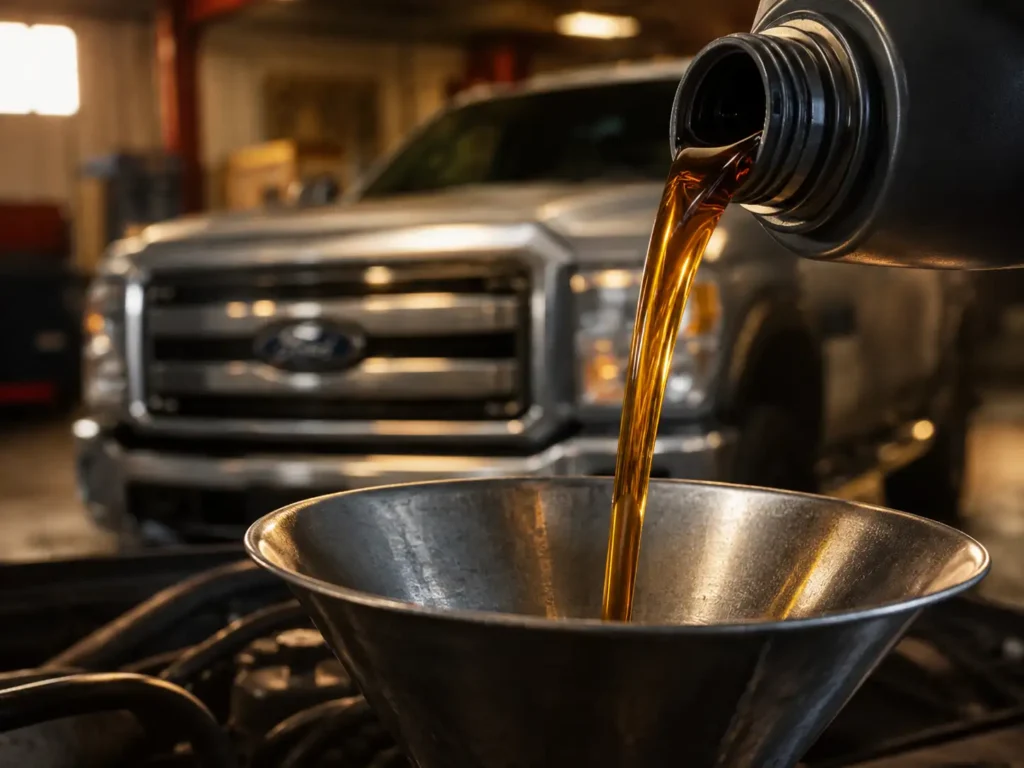 Ford 5.4 Triton Oil Capacity Chart - 2026 Exact Quarts & Filter Guide 2 Golden motor oil pouring into a metal funnel with blurred Ford truck in garage