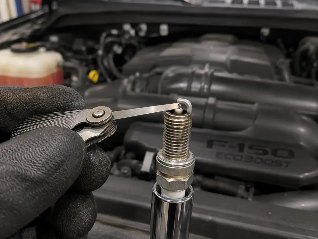 Ford F-150 Spark Plug Gap Chart by Engine and Year 2026 2 Mechanic using a wire feeler gauge to measure spark plug gap in a Ford F-150 engine bay