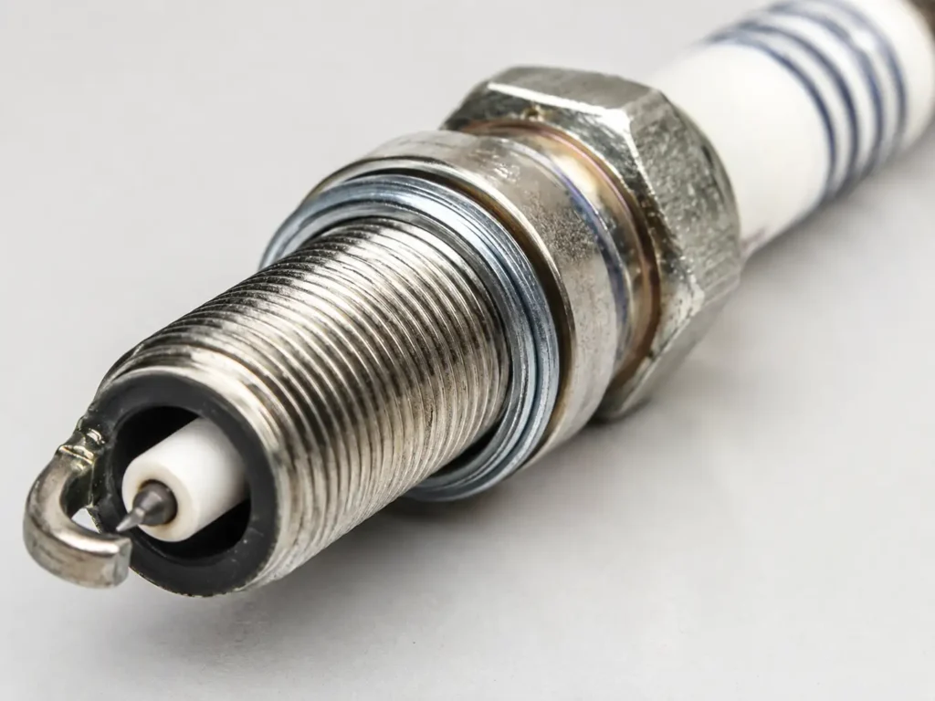 Ford F-150 Spark Plug Gap Chart by Engine and Year 2026 3 Close-up of a Motorcraft-style iridium spark plug removed from a Ford F-150 EcoBoost engine on a clean workshop surface