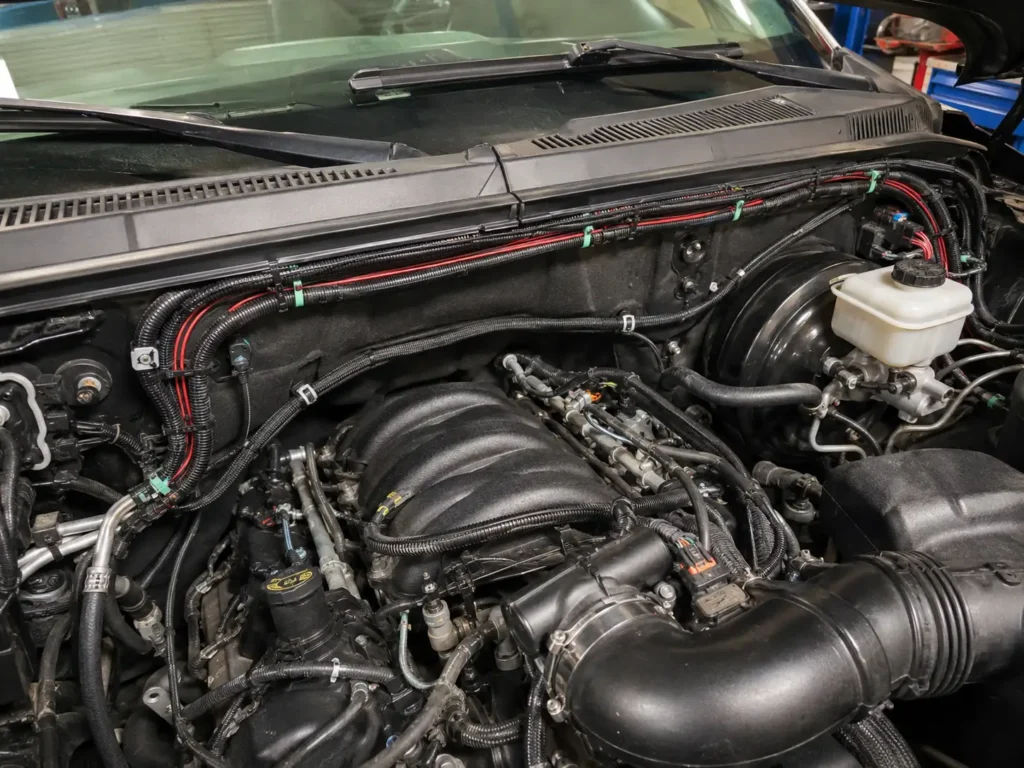 Ford Wiring Color Code Chart: 2026 All Abbreviations Decoded 2 Ford F-150 engine bay with wiring harness and color-coded wires along firewall