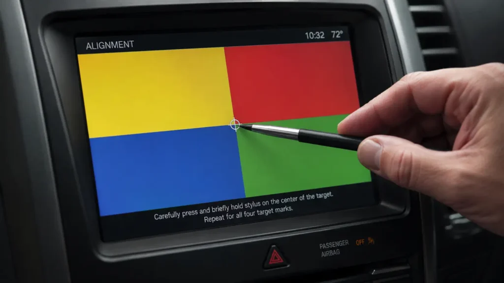 How to Calibrate Ford SYNC: APIM Diagnostics and System Reset Guide 2026 3 Close-up of a hand using a stylus to tap the center crosshair on a Ford SYNC 2 touchscreen calibration screen divided into yellow, red, blue, and green quadrants.