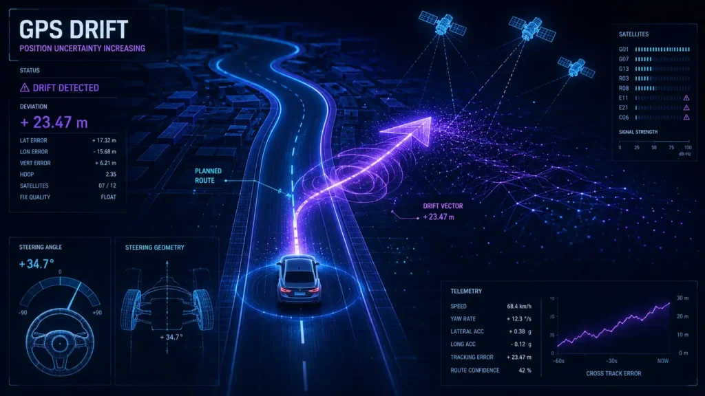 How to Calibrate Ford SYNC: APIM Diagnostics and System Reset Guide 2026 4 Futuristic digital graphic showing GPS drift in vehicle navigation, with a glowing car route veering off course, satellite signals, steering angle data, and telemetry overlays on a dark blue background.