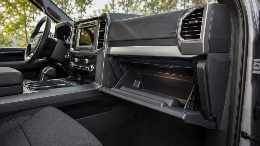 How to Change the Ford F-150 Cabin Air Filter (All Years) 2 Modern Ford F-150 interior with open glove box for cabin air filter access