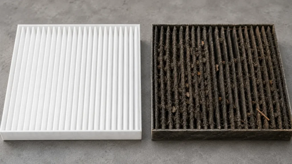 How to Change the Ford F-150 Cabin Air Filter (All Years) 3 Clean and dirty Ford F-150 cabin air filters shown side by side