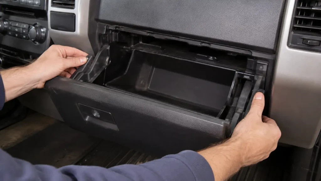 How to Change the Ford F-150 Cabin Air Filter (All Years) 4 Mechanic pressing Ford F-150 glove box retaining tabs during cabin filter replacement
