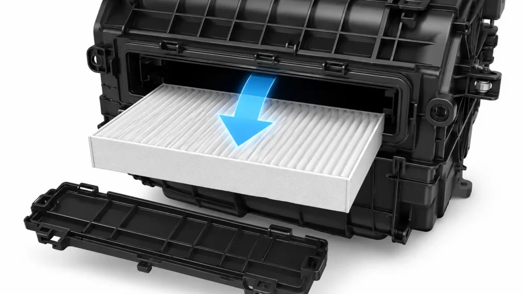 How to Change the Ford F-150 Cabin Air Filter (All Years) 5 Cabin air filter sliding into HVAC housing with airflow direction arrow