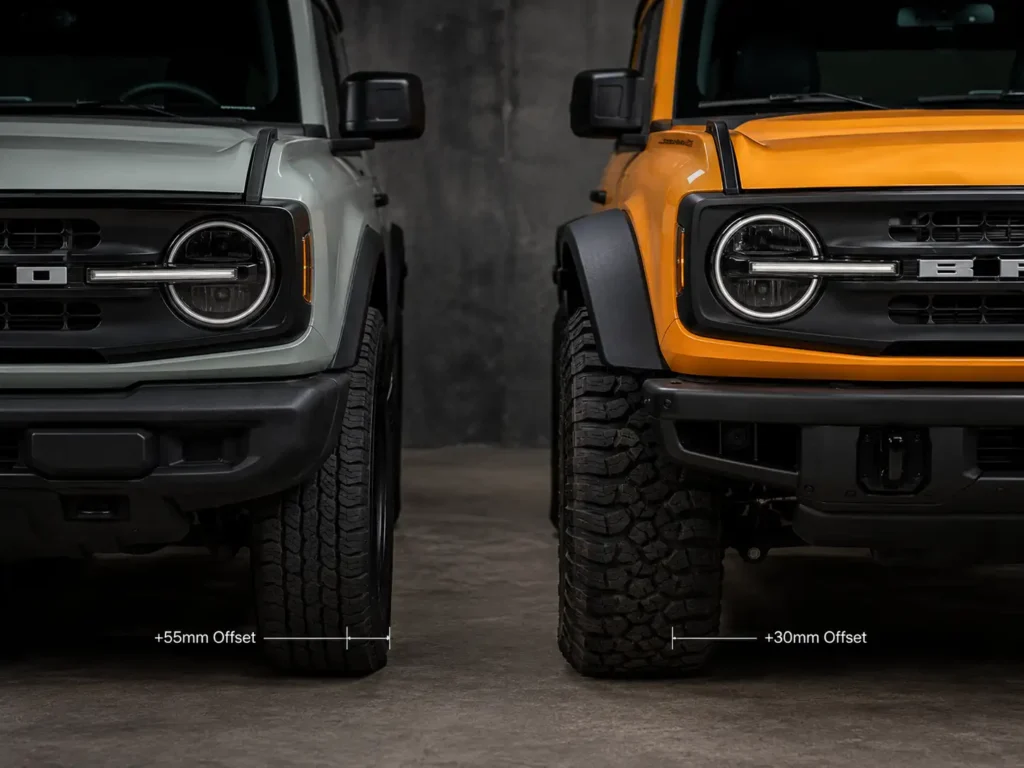 Side-by-side Ford Bronco wheel offset comparison showing +55mm offset versus +30mm offset