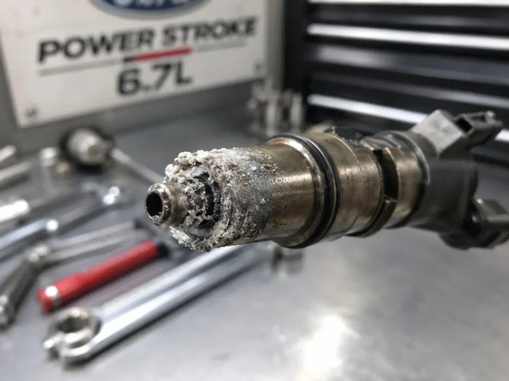 How to Reset Ford F-250 DEF Counter: Clear the 50 MPH Limiter 3 Macro photo of a Ford 6.7L Power Stroke DEF injector nozzle with heavy white urea crystal buildup on the tip, resting in a clean workshop setting.