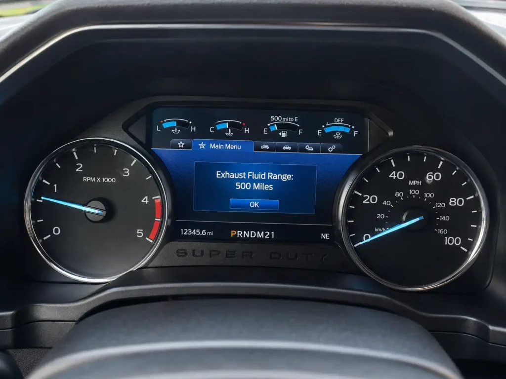 How to Reset Ford F-250 DEF Counter: Clear the 50 MPH Limiter 2 Close-up of a 2022 Ford F-250 Super Duty instrument cluster showing a blue digital warning message that reads “Exhaust Fluid Range: 500 Miles.