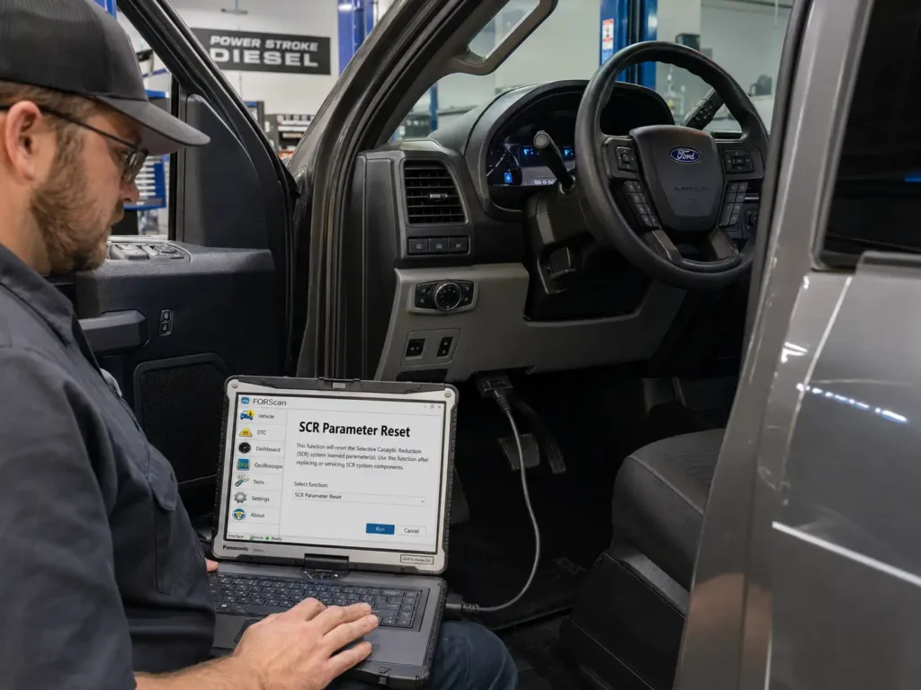 How to Reset Ford F-250 DEF Counter: Clear the 50 MPH Limiter 5 Technician using a rugged laptop running FORScan and connected to the OBD-II port of a Ford F-250, with the SCR Parameter Reset menu open in a professional shop.
