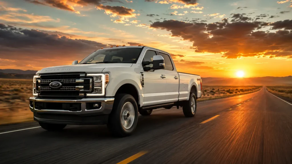 How to Reset Ford F-250 DEF Counter: Clear the 50 MPH Limiter 4 White Ford F-250 Super Duty driving on a long open highway at golden hour, symbolizing a successful SCR drive cycle and regeneration process.