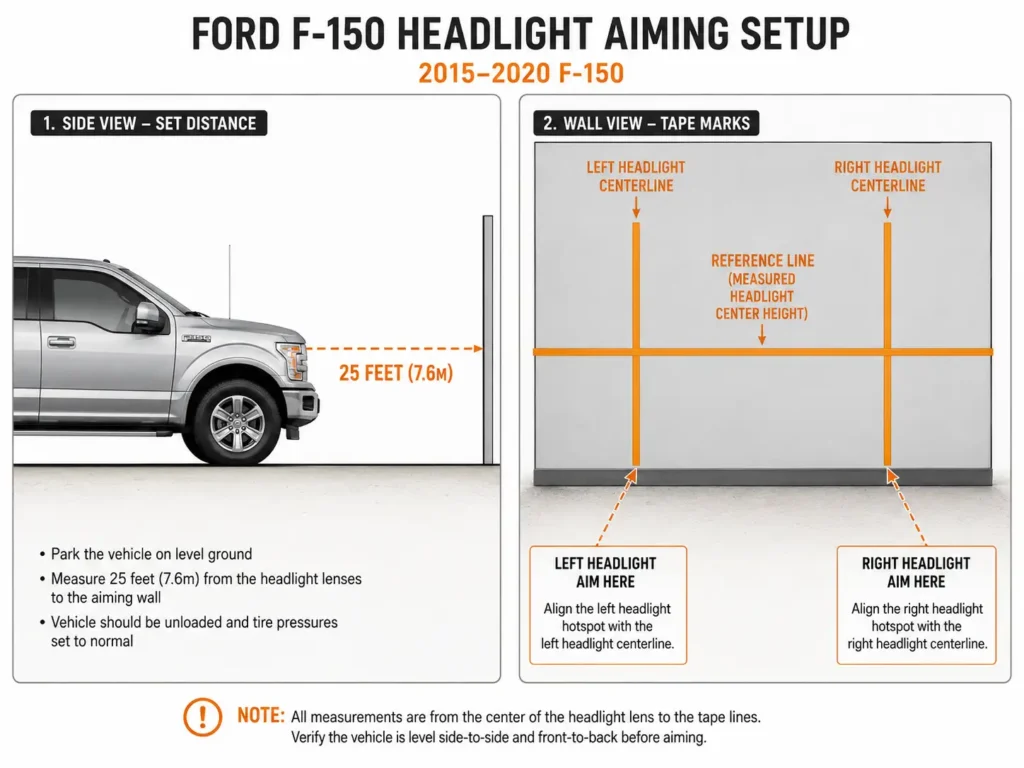 Ford F-150 headlight aiming setup diagram showing 25 feet distance from truck headlights to wall tape reference lines
