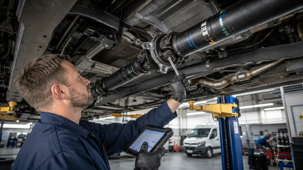 Mechanic inspecting a Ford Transit van driveshaft and center support bearing under a lift in a professional service bay