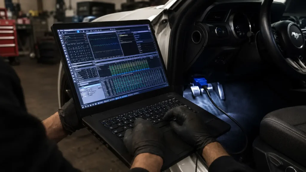 Mechanic using a laptop with OBD2 adapter to diagnose a white Ford Mustang S550 inside a dark garage workshop