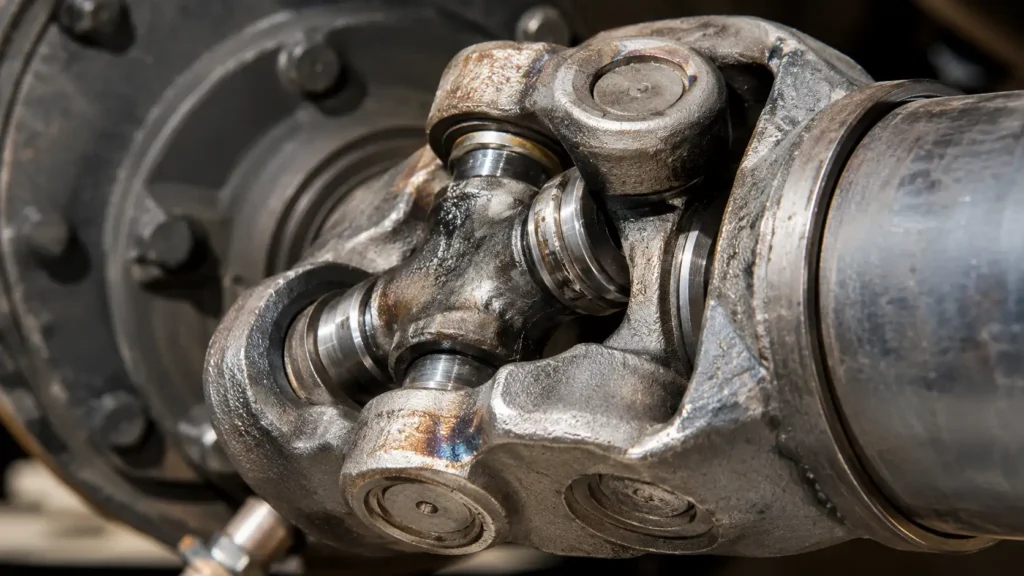 Close-up of a heavy-duty driveshaft U-joint showing metal wear, bearing caps, and heat discoloration
