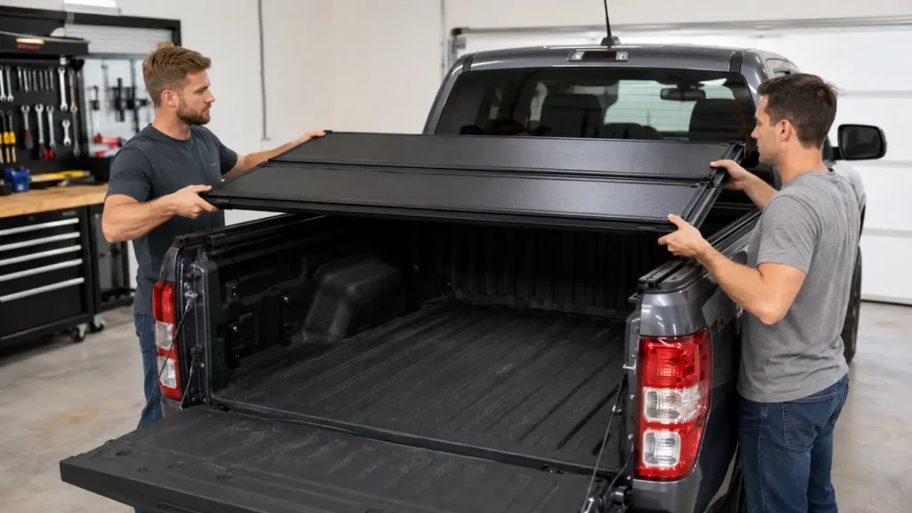 15mm socket wrench, work gloves, and aluminum C-clamps on a Ford truck bed liner near tonneau cover rail