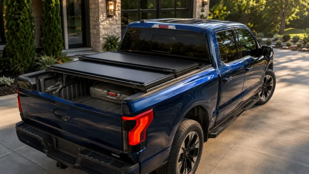 Ford F-150 Lightning with matte black hard tri-fold tonneau cover partially open on a clean driveway