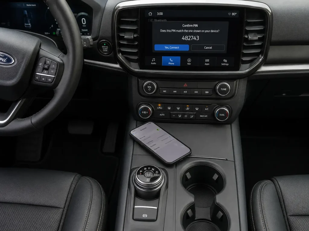 How to Connect Phone to Ford SYNC to Play Music (All Versions) 2 Smartphone on a Ford center console beside an infotainment screen showing a Bluetooth pairing PIN confirmation dialog.
