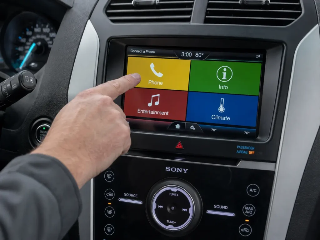 How to Connect Phone to Ford SYNC to Play Music (All Versions) 4 Ford MyFord Touch screen showing four color-coded quadrants for Phone, Info, Entertainment, and Climate with a hand selecting Phone.
