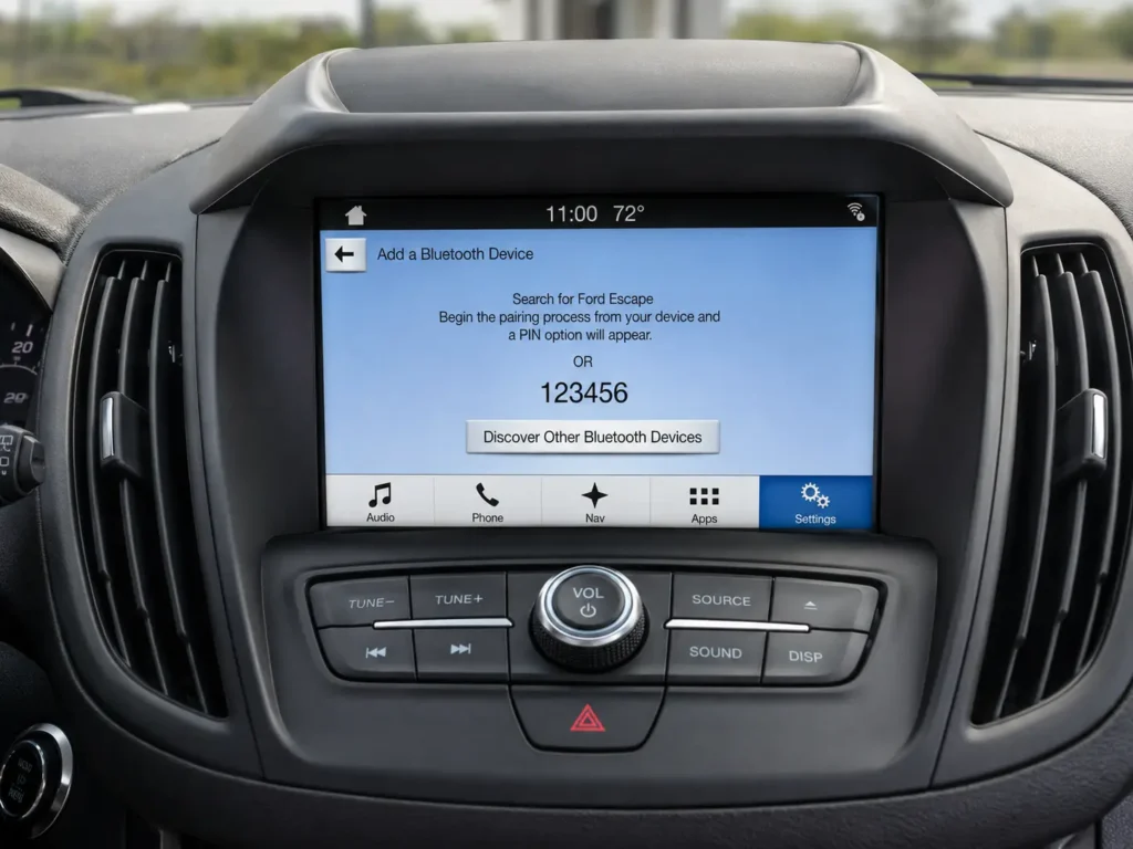How to Connect Phone to Ford SYNC to Play Music (All Versions) 5 Ford SYNC 3 touchscreen displaying the Bluetooth pairing screen with a 6-digit PIN and “Add a Bluetooth Device” option.