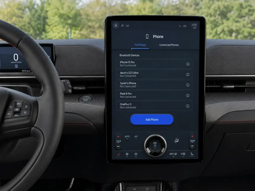 How to Connect Phone to Ford SYNC to Play Music (All Versions) 6 Ford SYNC 4A vertical touchscreen showing the Phone pairing menu with a Bluetooth device list and blue “Add Phone” button.