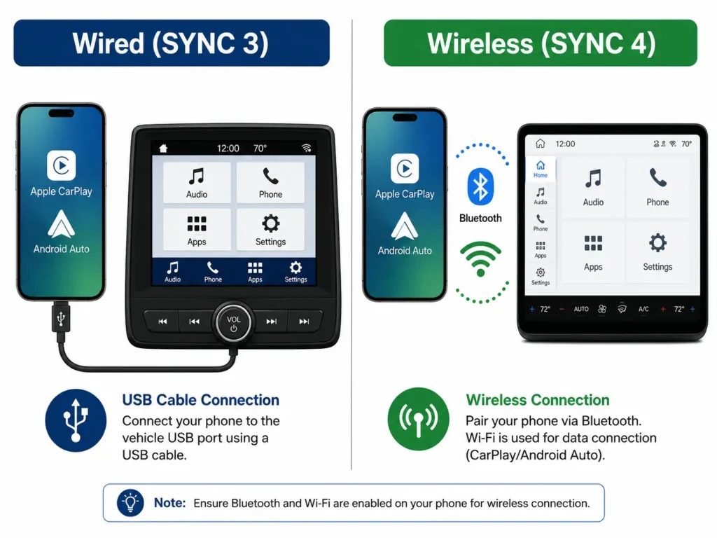 How to Connect Phone to Ford SYNC to Play Music (All Versions) 7 Split infographic comparing wired SYNC 3 phone connection by USB cable and wireless SYNC 4 connection using Bluetooth and Wi-Fi.