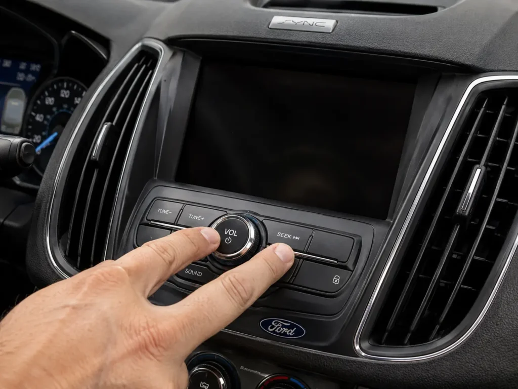 How to Connect Phone to Ford SYNC to Play Music (All Versions) 8 Hand pressing the Ford center console volume knob and seek-forward button at the same time with the infotainment screen dark in the background.