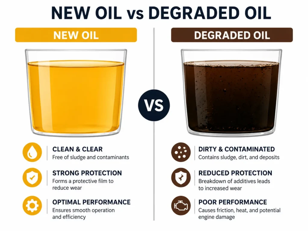 2016 Ford Escape Oil Reset — 3 Methods + Engine Oil Specs for All Engines 3 Split infographic comparing new golden motor oil and dark degraded oil, labeled New Oil and Degraded Oil.