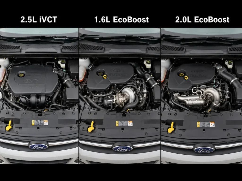 2016 Ford Escape Oil Reset — 3 Methods + Engine Oil Specs for All Engines 6 Side-by-side comparison of Ford Escape engine bays labeled 2.5L iVCT, 1.6L EcoBoost, and 2.0L EcoBoost, showing turbo hardware on EcoBoost engines.