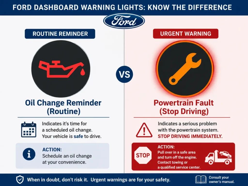 2016 Ford Escape Oil Reset — 3 Methods + Engine Oil Specs for All Engines 7 Infographic comparing Ford dashboard warning lights: oil change reminder on the left and powertrain fault warning on the right.