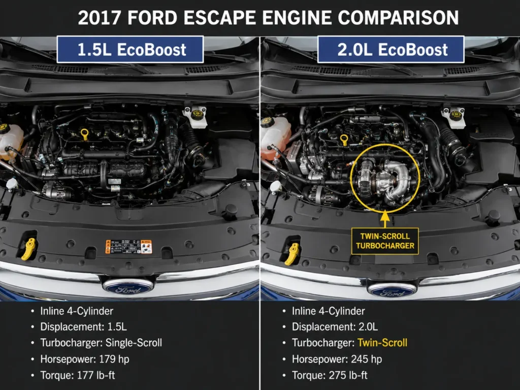 Side-by-side comparison of 2017 Ford Escape 1.5L EcoBoost and 2.0L EcoBoost engine bays with the 2.0L twin-scroll turbocharger highlighted.