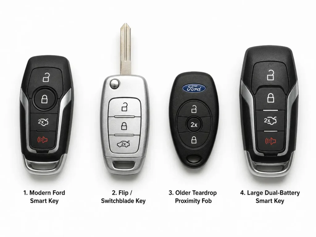 Four Ford key fob types arranged side by side on a white background: a modern smart key, a silver flip key with blade extended, an older teardrop proximity fob, and a larger dual-battery smart key, each labeled below.