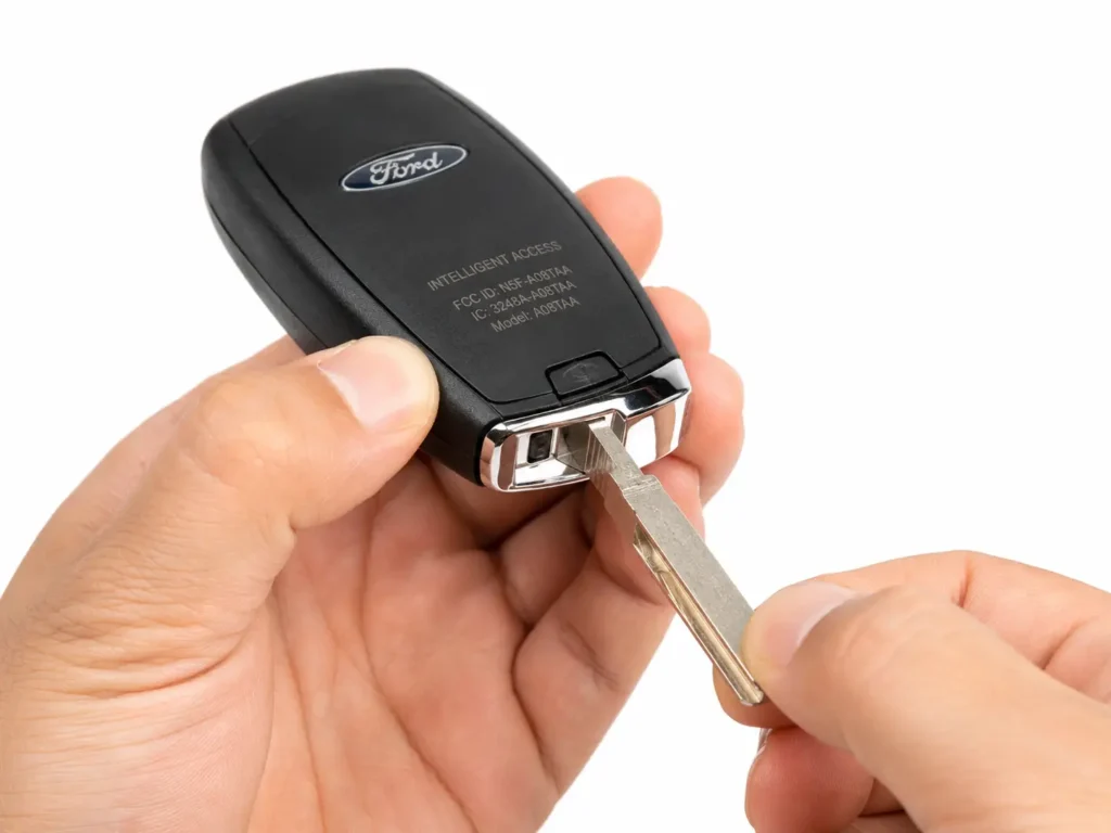Close-up of hands holding a modern Ford Intelligent Access smart key while the hidden emergency key blade is partially pulled out from the bottom.