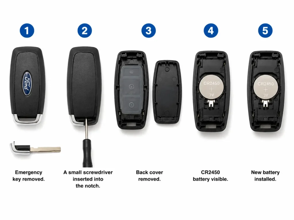 Step-by-step flat lay showing how to open a Ford smart key fob and replace the CR2450 battery, from removing the emergency key to installing the new battery.