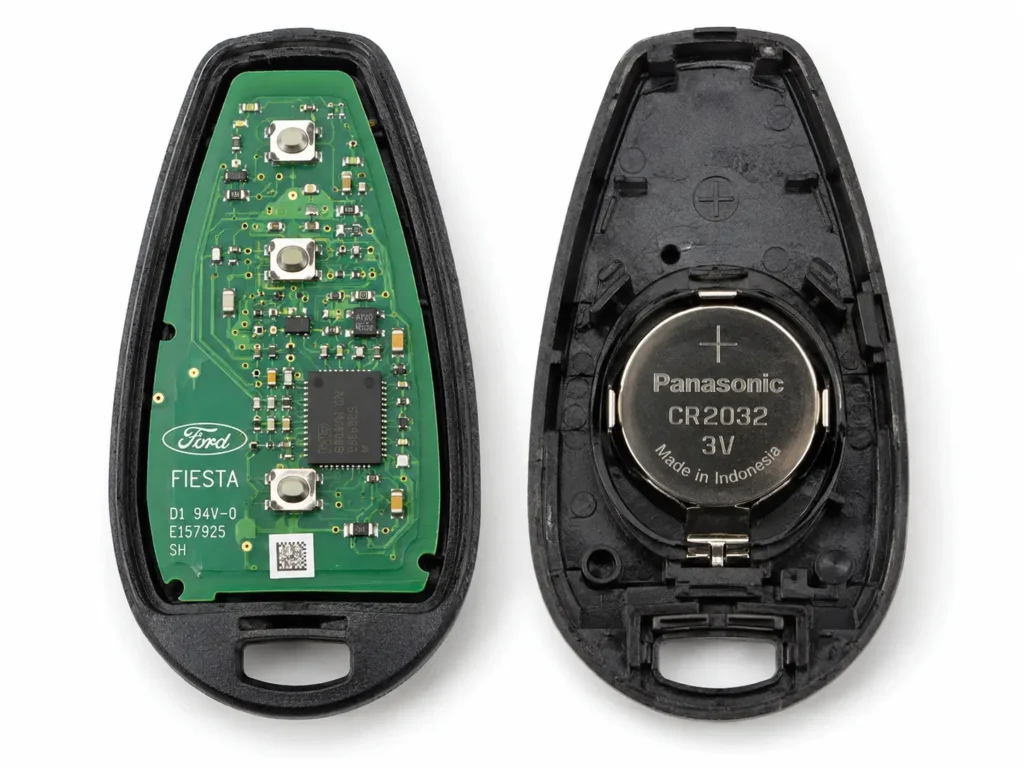 Opened Ford Fiesta teardrop-shaped proximity key fob on a white background, with the left half showing the green PCB and the right half showing a CR2032 battery in its holder.