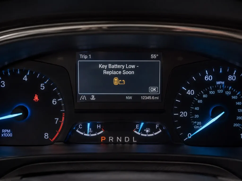 Ford instrument cluster close-up displaying the warning message “Key Battery Low – Replace Soon” on the center screen with blue-lit gauges around it.