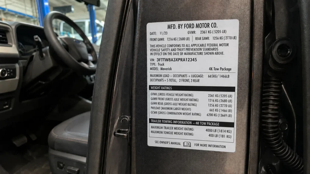 Ford Maverick Towing Capacity by Year: 2022–2026 Complete Chart 3 Ford Maverick door jamb sticker showing GCWR rating for tow package verification