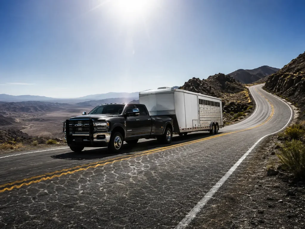 Ford F250 Towing Capacity By Year - Charts & Engine Specs 2026 3 Heavy-duty pickup truck towing a large trailer up a steep desert highway in extreme heat