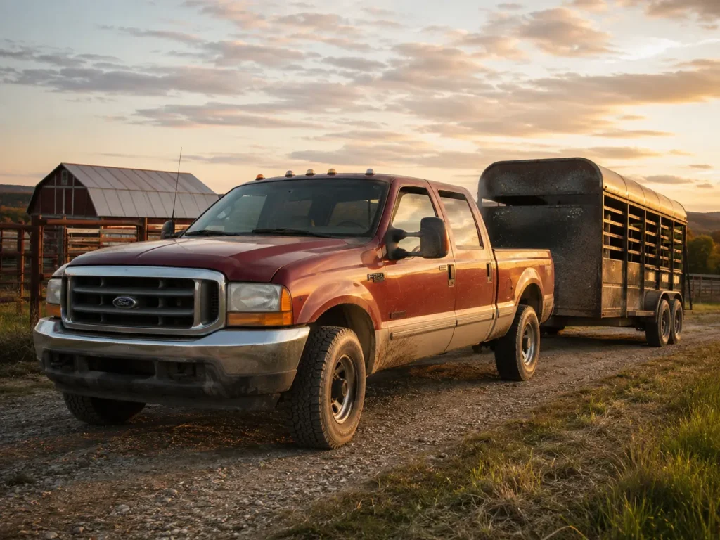 Ford F250 Towing Capacity By Year - Charts & Engine Specs 2026 4 Early 2000s Ford F-250 Super Duty towing a livestock trailer on a rural farm road at sunset