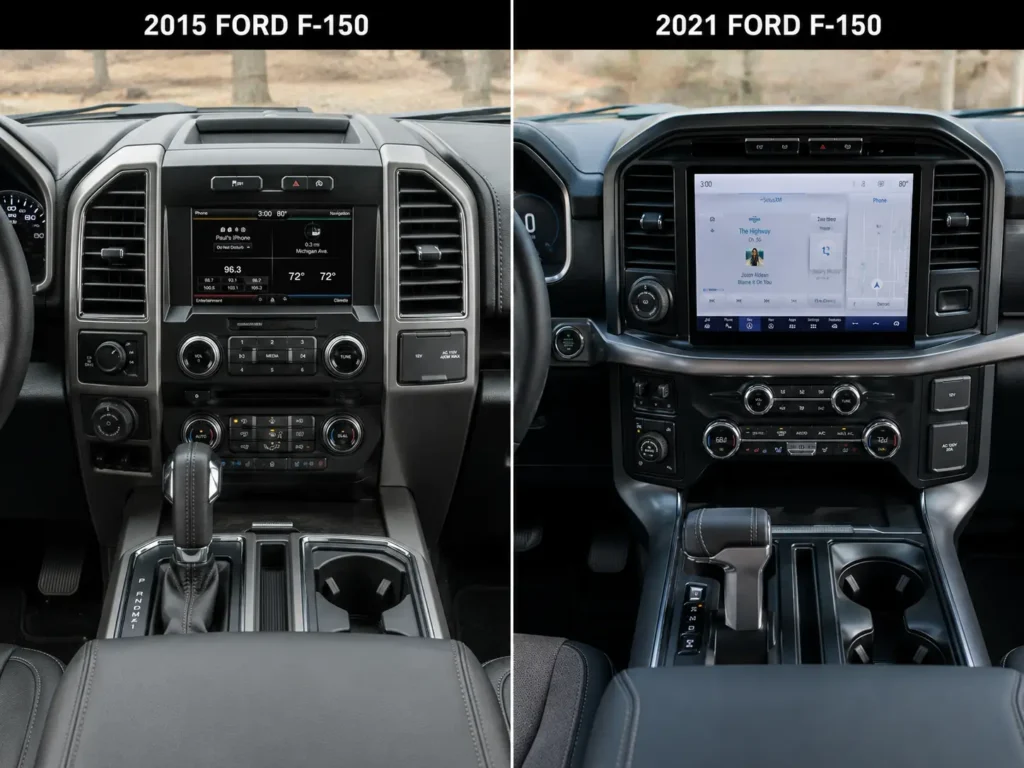 Ford SYNC Version Chart by Year and Model (2008–2026) 3 Ford F-150 SYNC 2 versus SYNC 4 touchscreen comparison showing infotainment screen size difference by generation
