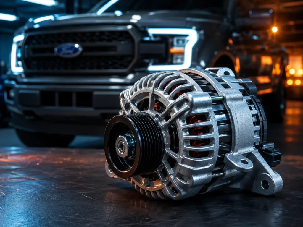 Ford F-150 Alternator Amperage Chart and Upgrade Guide 2026 2 Ford F-150 alternator close-up on workbench with truck in background