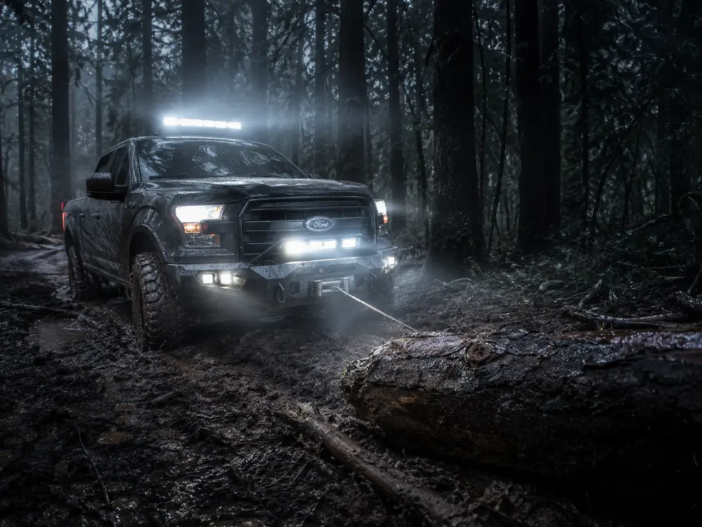 Ford F-150 Alternator Amperage Chart and Upgrade Guide 2026 3 Ford F-150 winching fallen log in dark misty forest at night