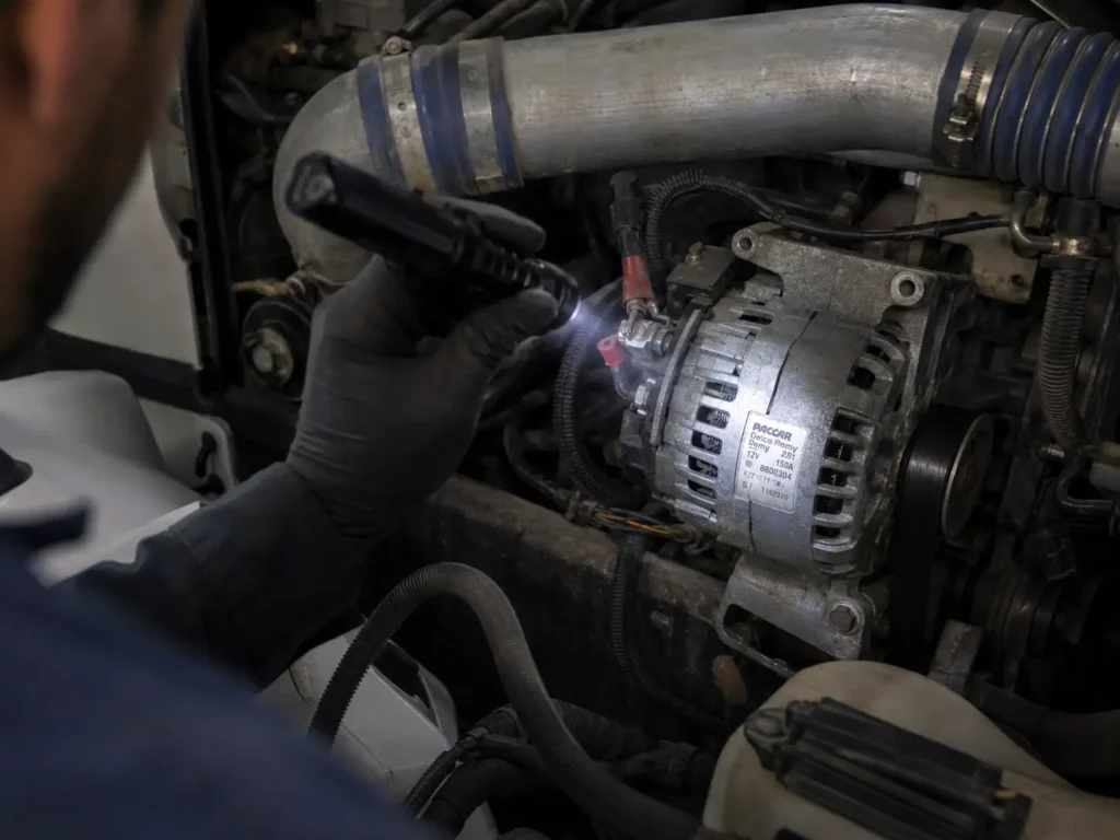 Ford F-150 Alternator Amperage Chart and Upgrade Guide 2026 5 Mechanic inspecting alternator specification sticker inside truck engine bay