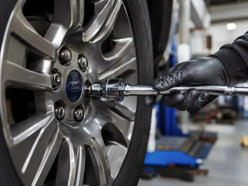 Ford F-150 lug nut installed with 21mm socket wrench.