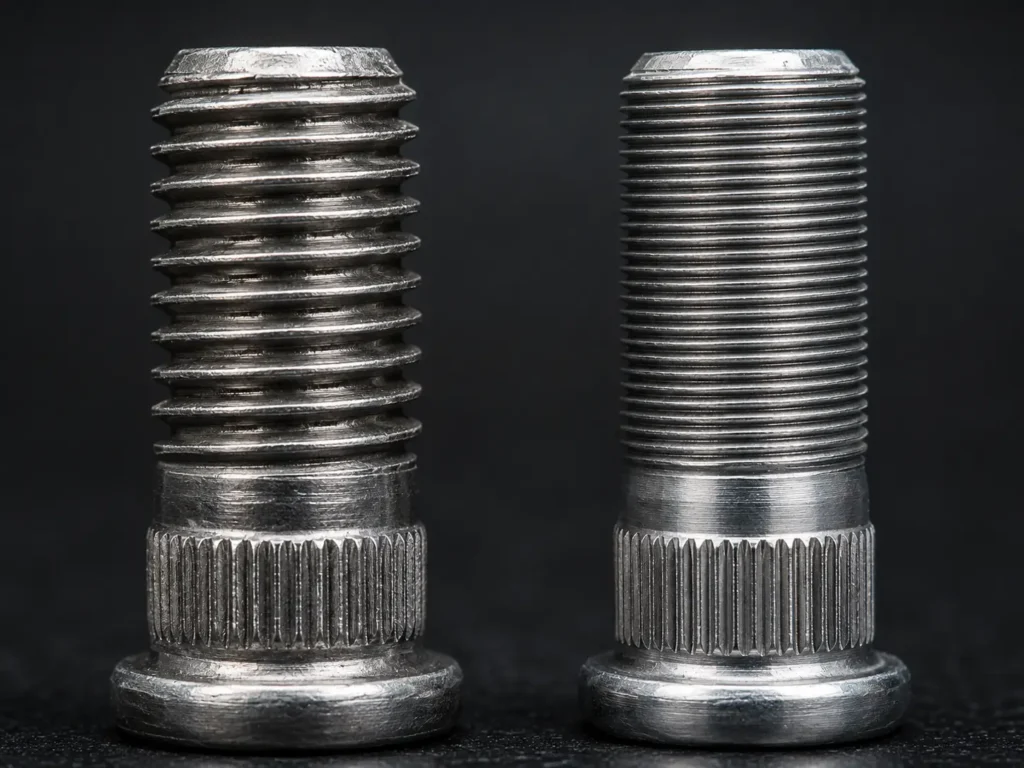 Coarse and fine automotive wheel stud thread comparison.