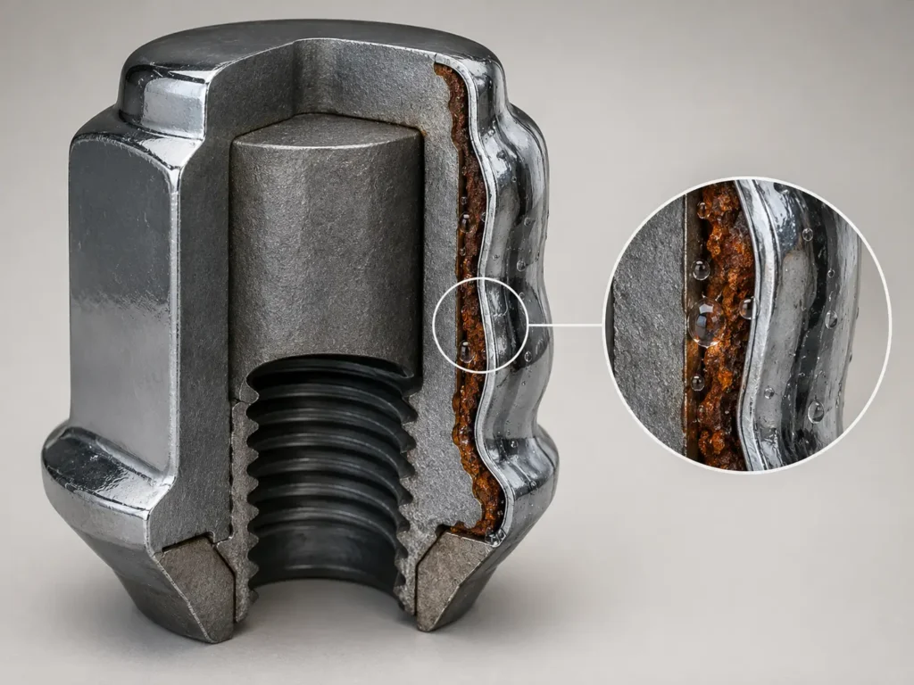 Swollen two-piece Ford lug nut showing rust under chrome cap